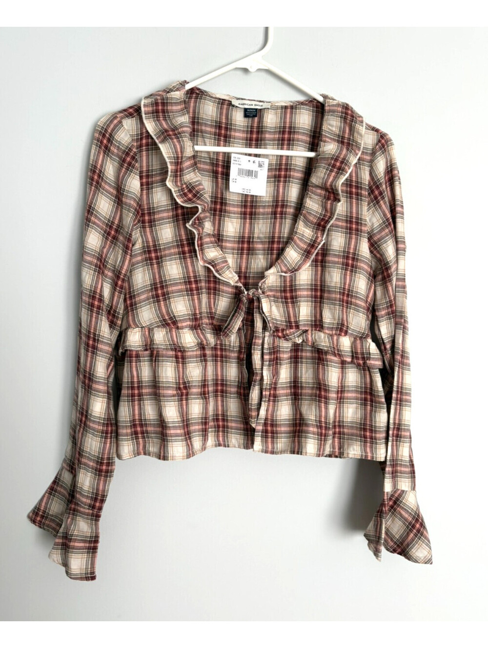 NWT Eagle Blouse Womens M Pink Brown Plaid Peplum Top Tie Front Bell Sleeve